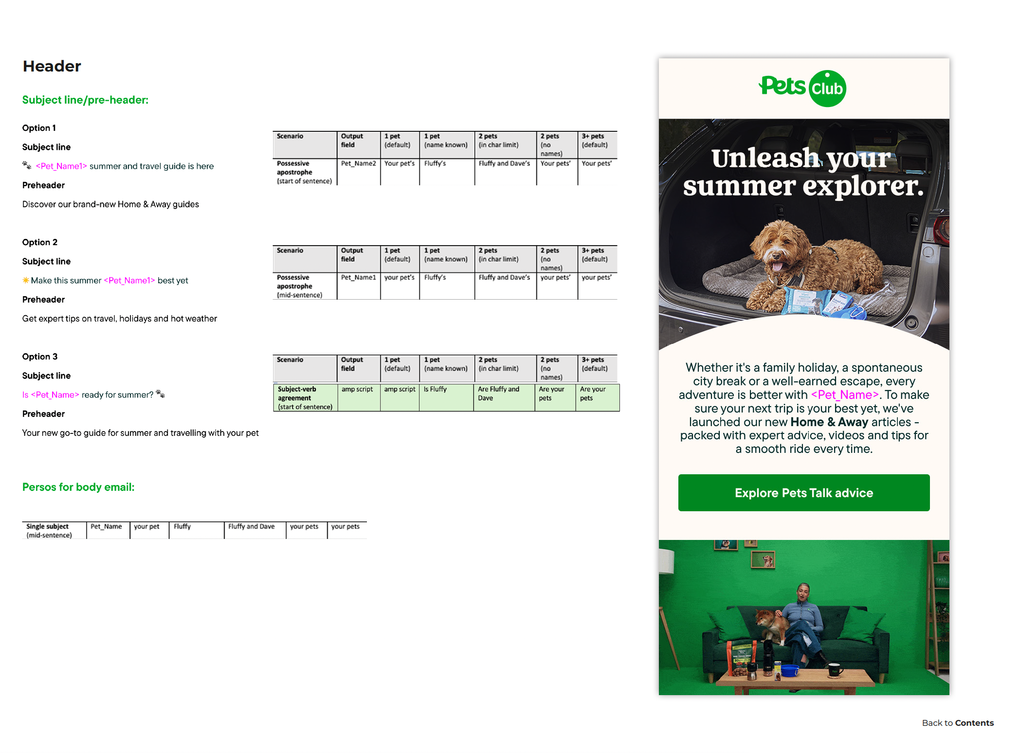 A webpage for Pets Club with a promotional image showing a dog lying on a blanket in the trunk of a car, with the text "Unleash your summer explorer."