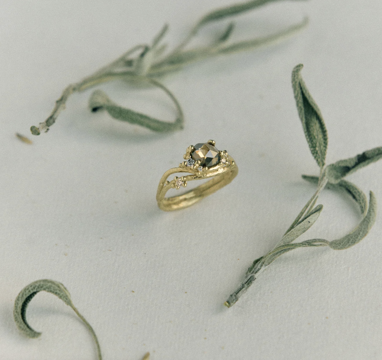 A gold ring with a dark central gemstone and small clear stones, surrounded by dusty, greenish-grey leaves on a white background.