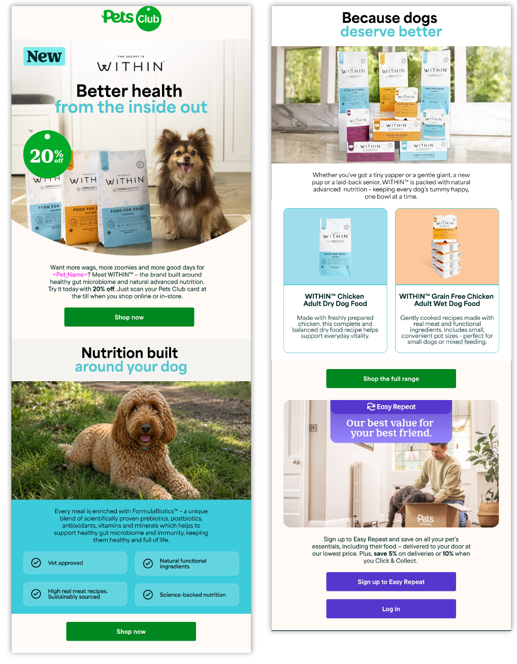 Promotional pet food advertisement featuring various dog food packages, a dog, and a person with a dog in a home setting, highlighting health benefits and subscription services.