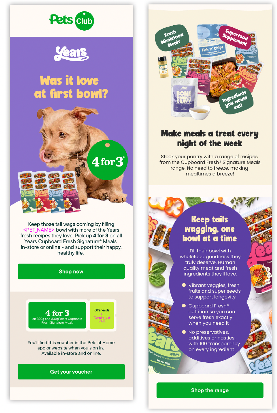 Promotional advertisement for Pets Club's Yearn brand pet food, featuring a dog with its tongue out, and various pet food products. The ad highlights a "4 for 3" offer and emphasizes healthy, handmade-style ingredients.