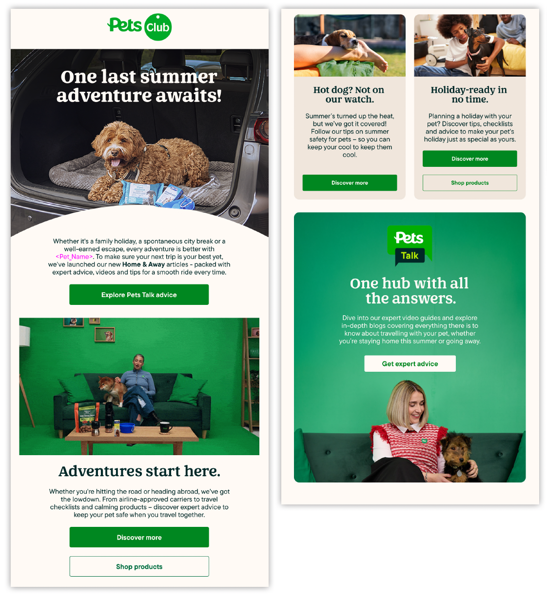 A webpage for Pets Club featuring tips and advice for pet owners, with images of dogs and women with dogs, and sections for exploring pet advice, products, and travel tips.