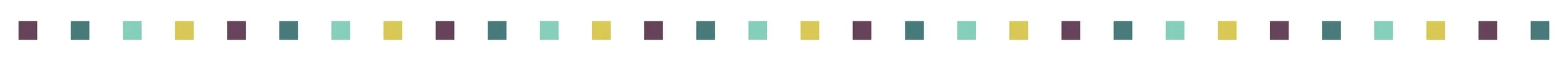 Colorful dotted horizontal pattern with squares in shades of teal, yellow, purple, and black on a white background.