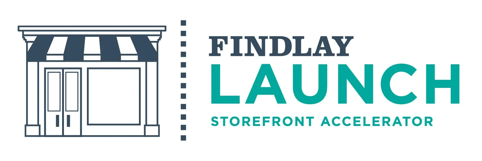 Logo for Findlay Launch storefront accelerator with an illustration of a storefront building and text.