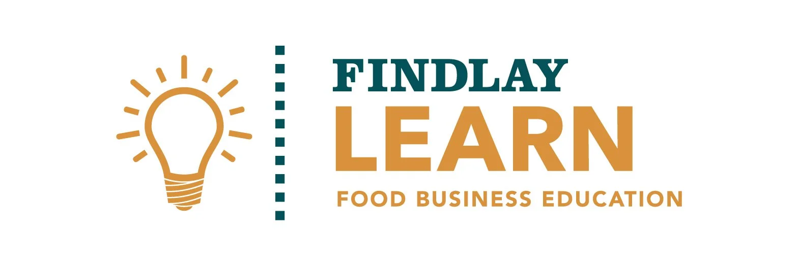 Logo for Findlay Learn Food Business Education featuring a lightbulb icon on the left and text on the right.