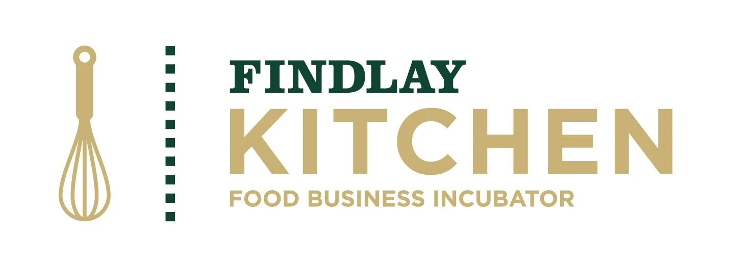Logo for Findlay Kitchen Food Business Incubator, featuring a gold whisk and green and beige text.
