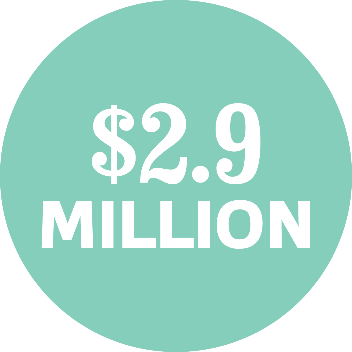 A circular graphic with a light teal background displaying the text '$2.9 MILLION' in large white font.