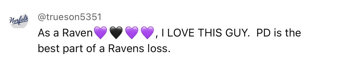 Comment from @trueson5351 expressing love for a person, using purple and black heart emojis, and mentioning that the best part of a Ravens loss is the person's P.D.