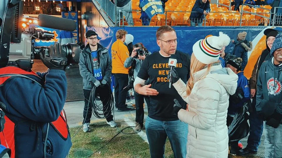 Pittsburgh Dad being interviewed by ESPN at Acrisure Stadium.