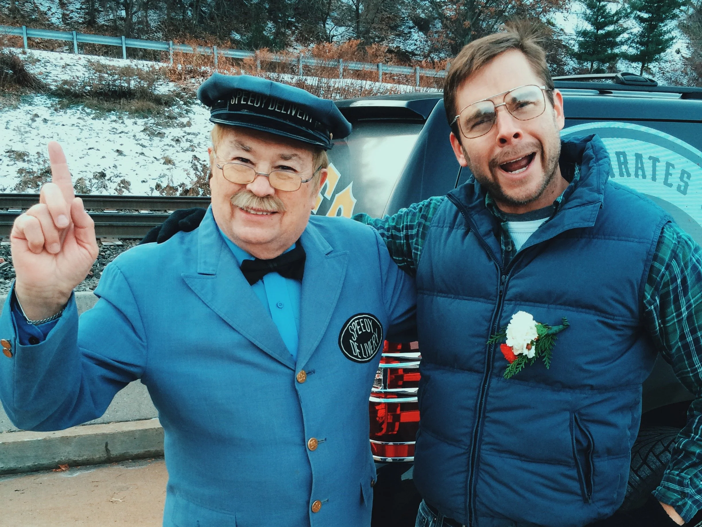 Pittsburgh Dad posing with Mr. McFeely the mailman from Mr. Rogers Neighborhood.
