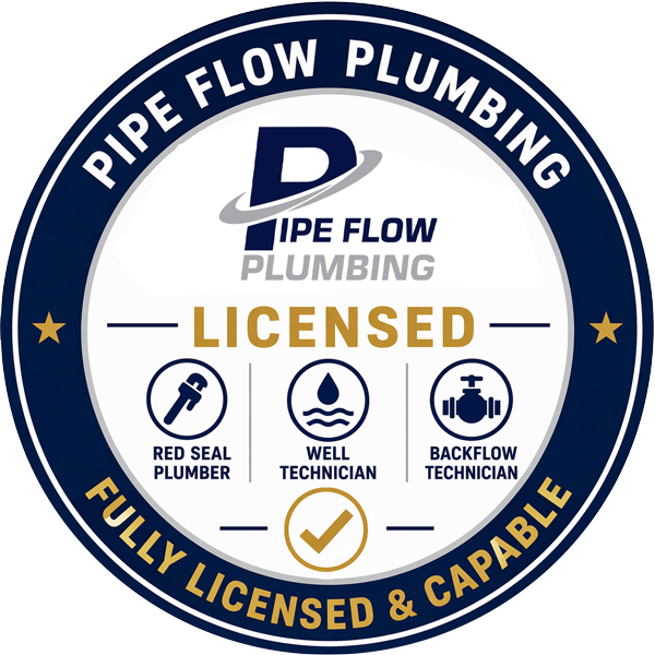 Circular logo for Pipe Flow Plumbing featuring the company name, a large P with a swoosh, and icons for a Red Seal plumber, well technician, and backflow technician. Fully licensed and capable.