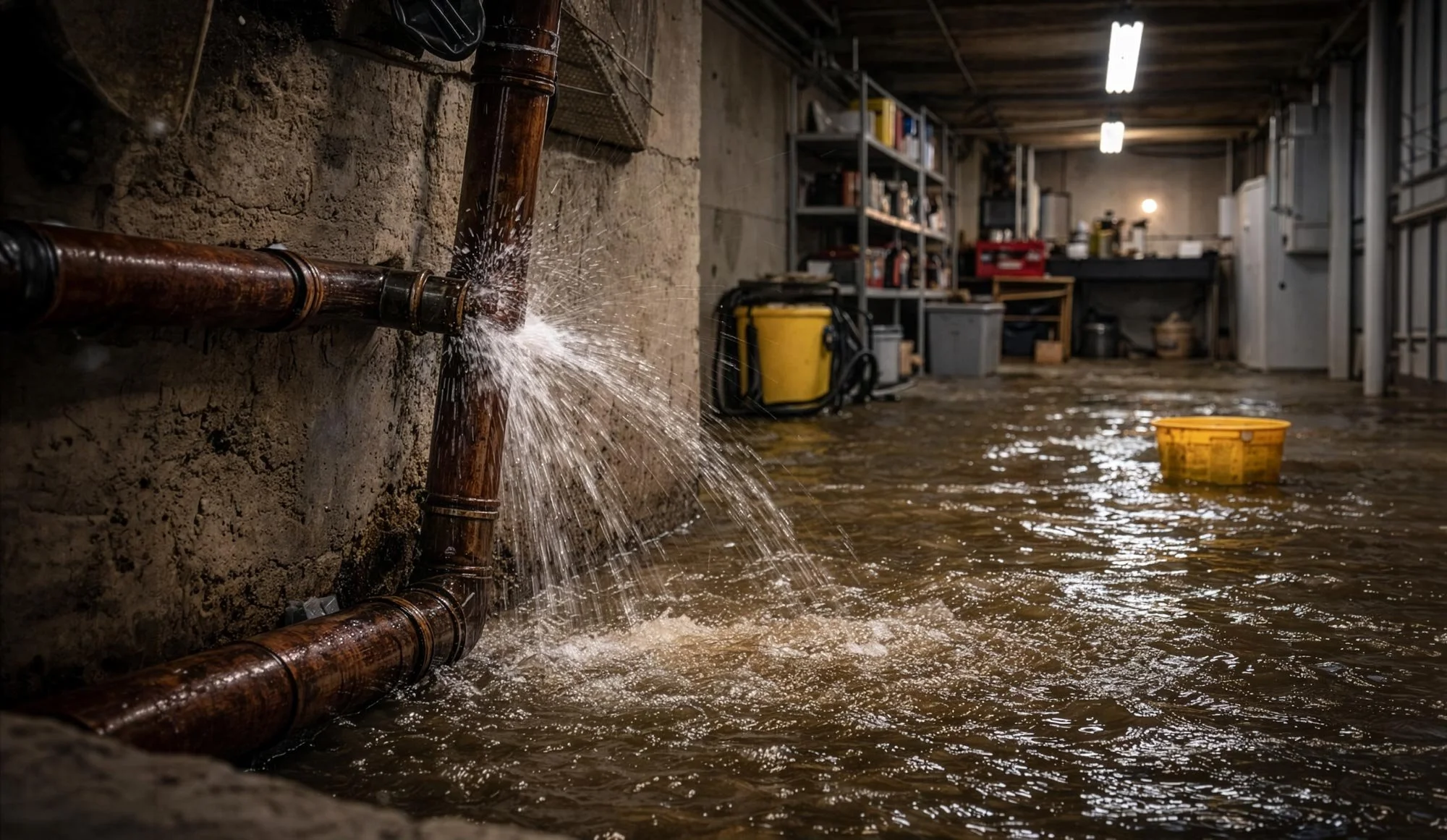 Emergency plumbing situation with water leaking from pipes onto a flooded basement floor with shelves and tools in the background.