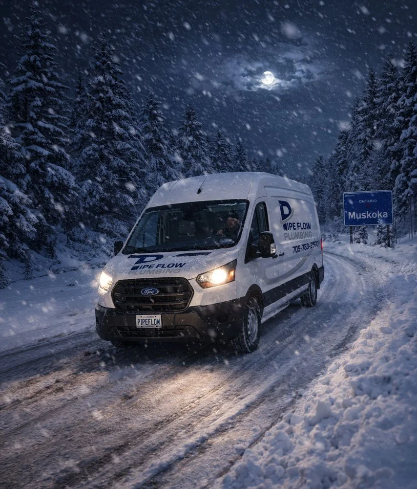 A white plumbing service van with 'Pipe Flow Plumbing' branding on the side, driving on a Muskoka snow-covered road through a snowy forest at night under a full moon, going to an after hours plumbing emergency in Muskoka.