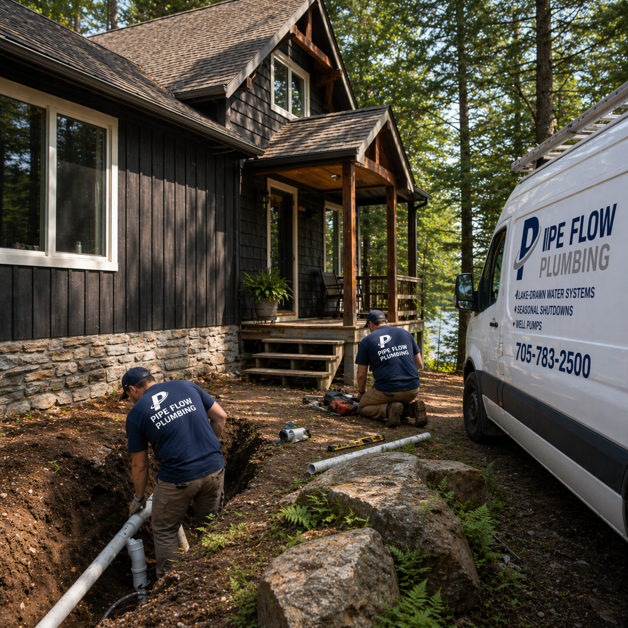 Two plumbers from Pipe Flow Plumbing working on installing pipes outside a house surrounded by trees, with a van parked nearby.