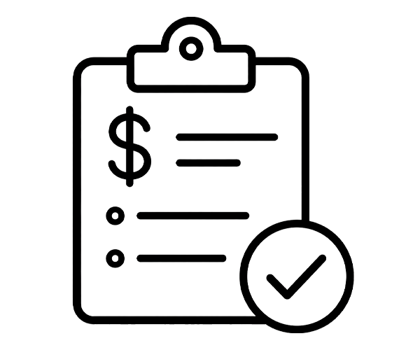 A black and white icon showing a review clipboard with lines and a dollar symbol and a checkmark in a circle at the bottom signifying reviewing their plumbing solutions with them.