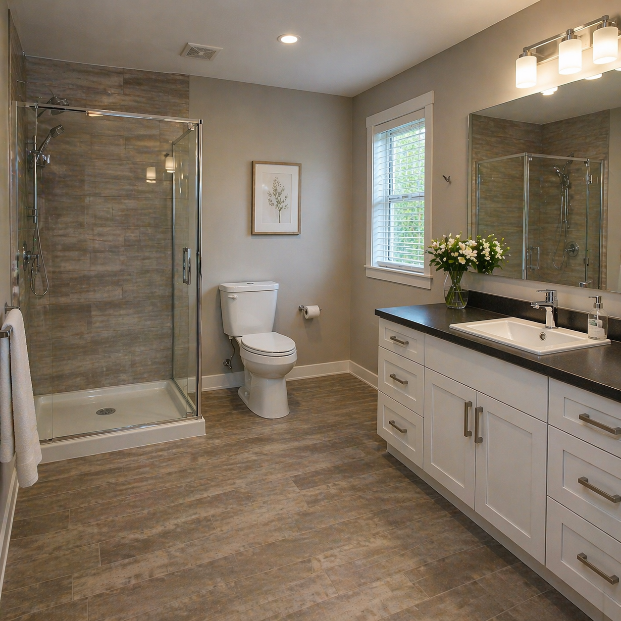 Modern bathroom with a glass shower enclosure, a white toilet, a white vanity with a black countertop, a large mirror, and a window with white blinds. A vase of white flowers is on the counter, and there is a framed picture of a plant on the wall.