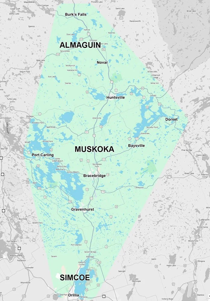 Map of Muskoka region in Ontario, Canada, showing towns like Almaguin, Huntsville, Muskoka, Port Carling, Bracebridge, Gravenhurst, and Bracebridge, with lakes and roads marked.