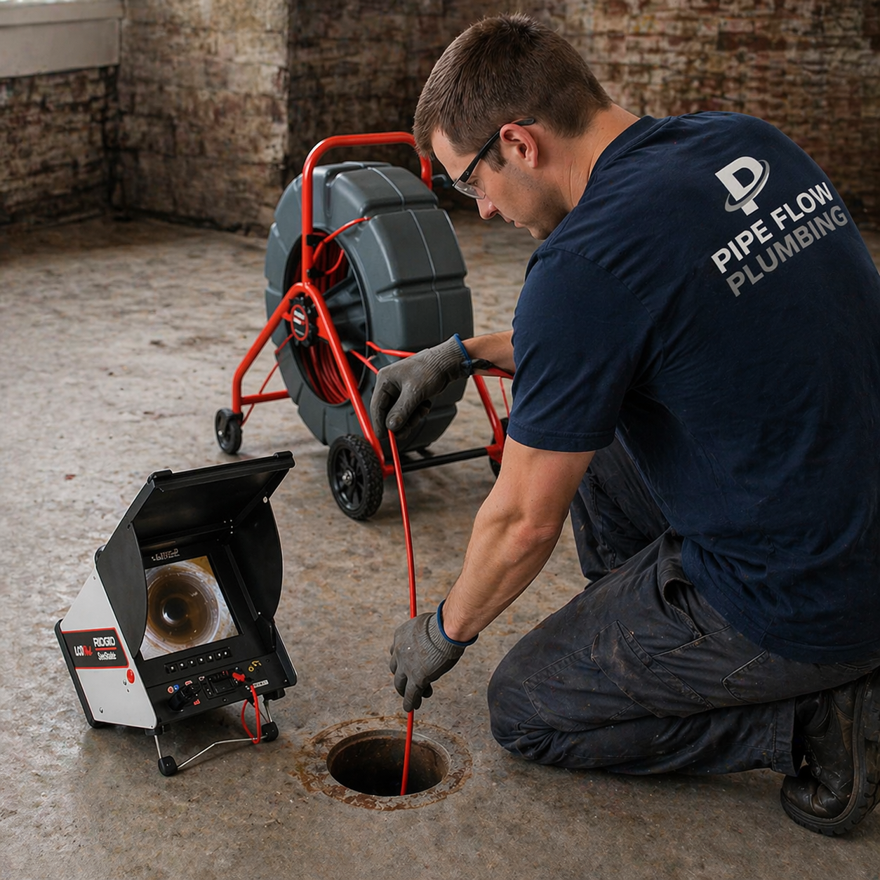 Muskoka plumber working on a drain pipe using a drain camera and inspection equipment. The plumber, wearing a navy blue shirt with 'PIPE FLOW PLUMBING' on the back and gloves, is kneeling on the concrete floor.