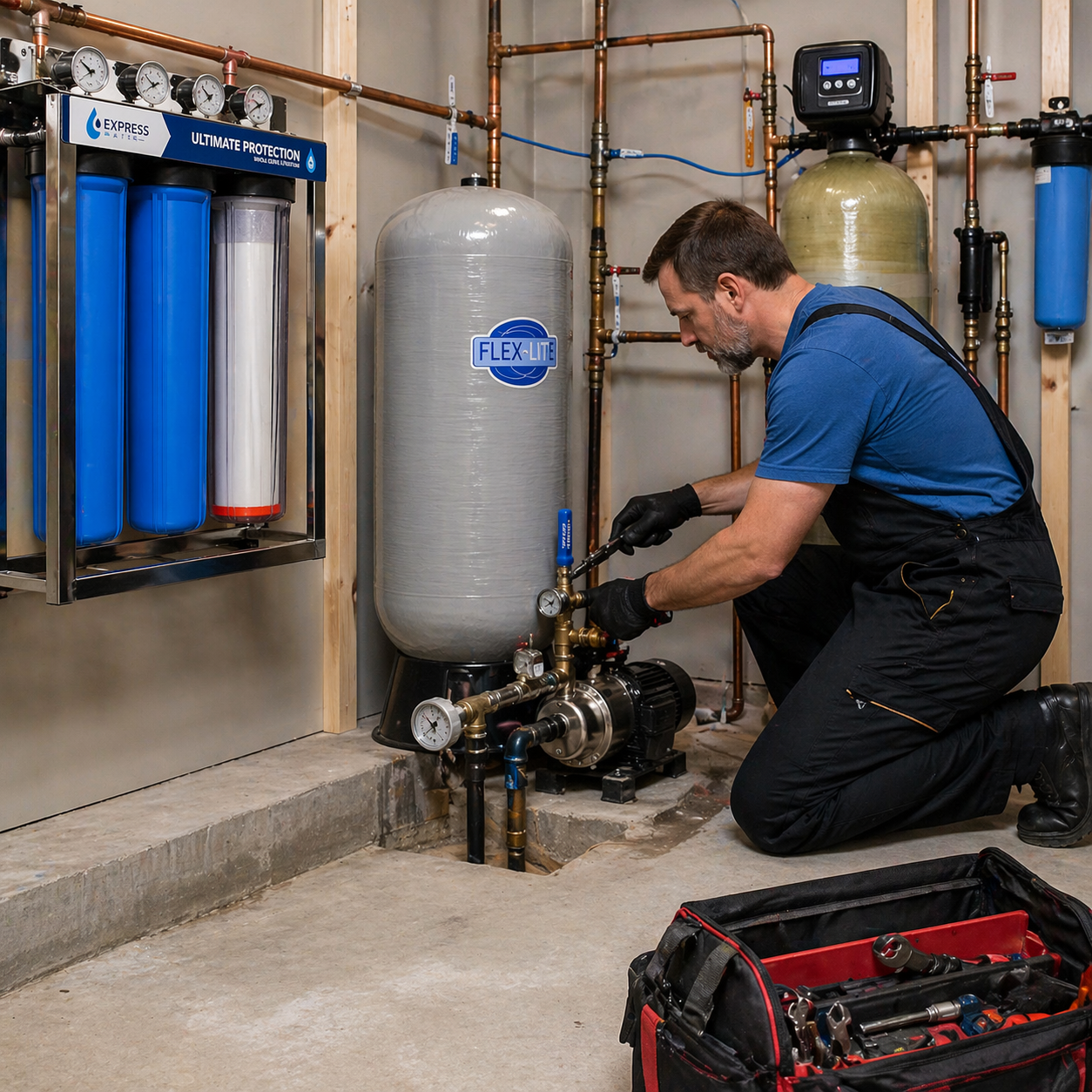 Muskoka Plumber kneeling on the floor working on basement plumbing equipment, with water filters on a wall and various pipes and gauges around him.
