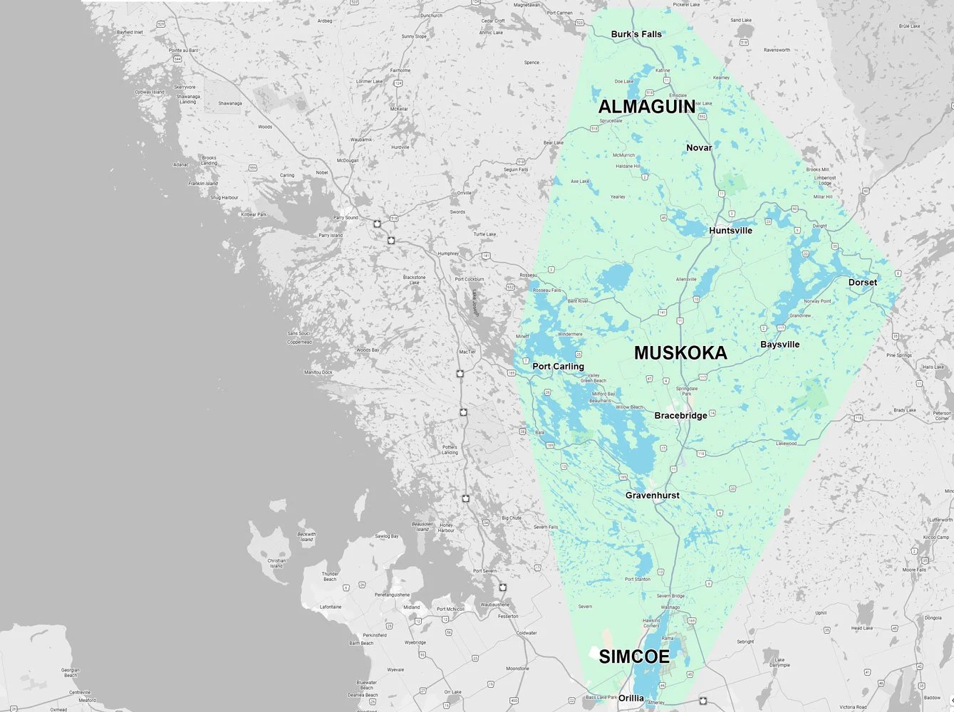 A Central Ontario map showing the Almaguin and Muskoka regions, with towns and lakes labeled, including Orillia, Gravenhurst, Bracebridge, Bayville, Dorset, Huntsville, and Burk's Falls.