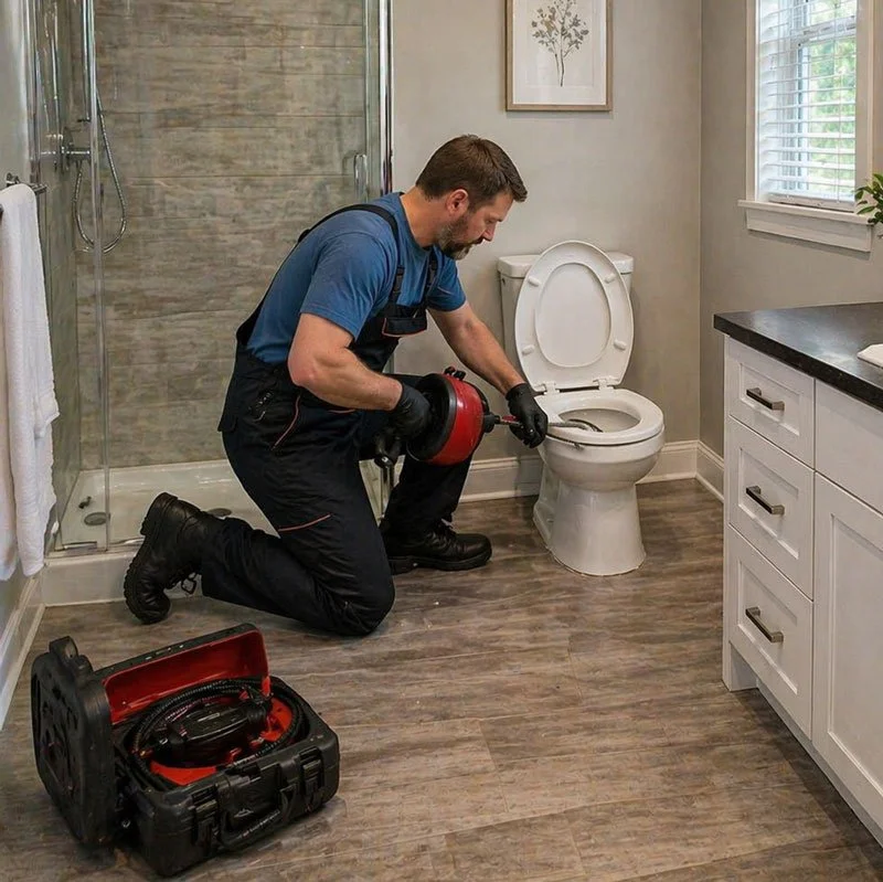 Muskoka Plumber in work clothes kneeling on the bathroom floor, using a power drain snake machine to clear a clogged toilet. The bathroom has a shower, a toilet, a window with blinds, and a cabinet with a black countertop.