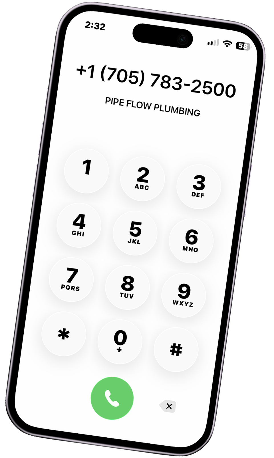 Close-up of a smartphone screen showing a dialed phone number (705-783-2500) for Pipe Flow Plumbing in Muskoka.