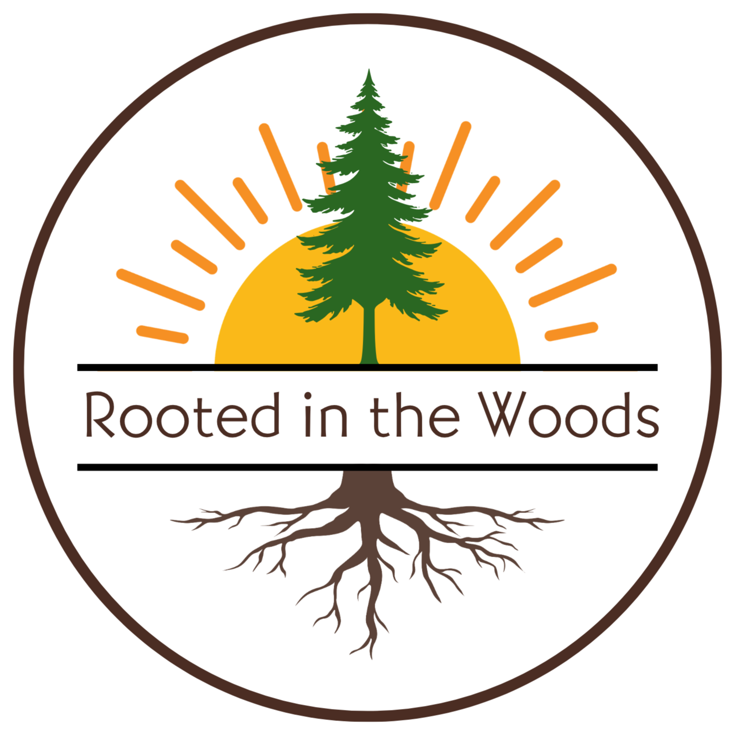 A logo for 'Roots of the Woods' featuring a green tree, a yellow sun, and roots underneath, with the text 'Roots of the Woods' below.