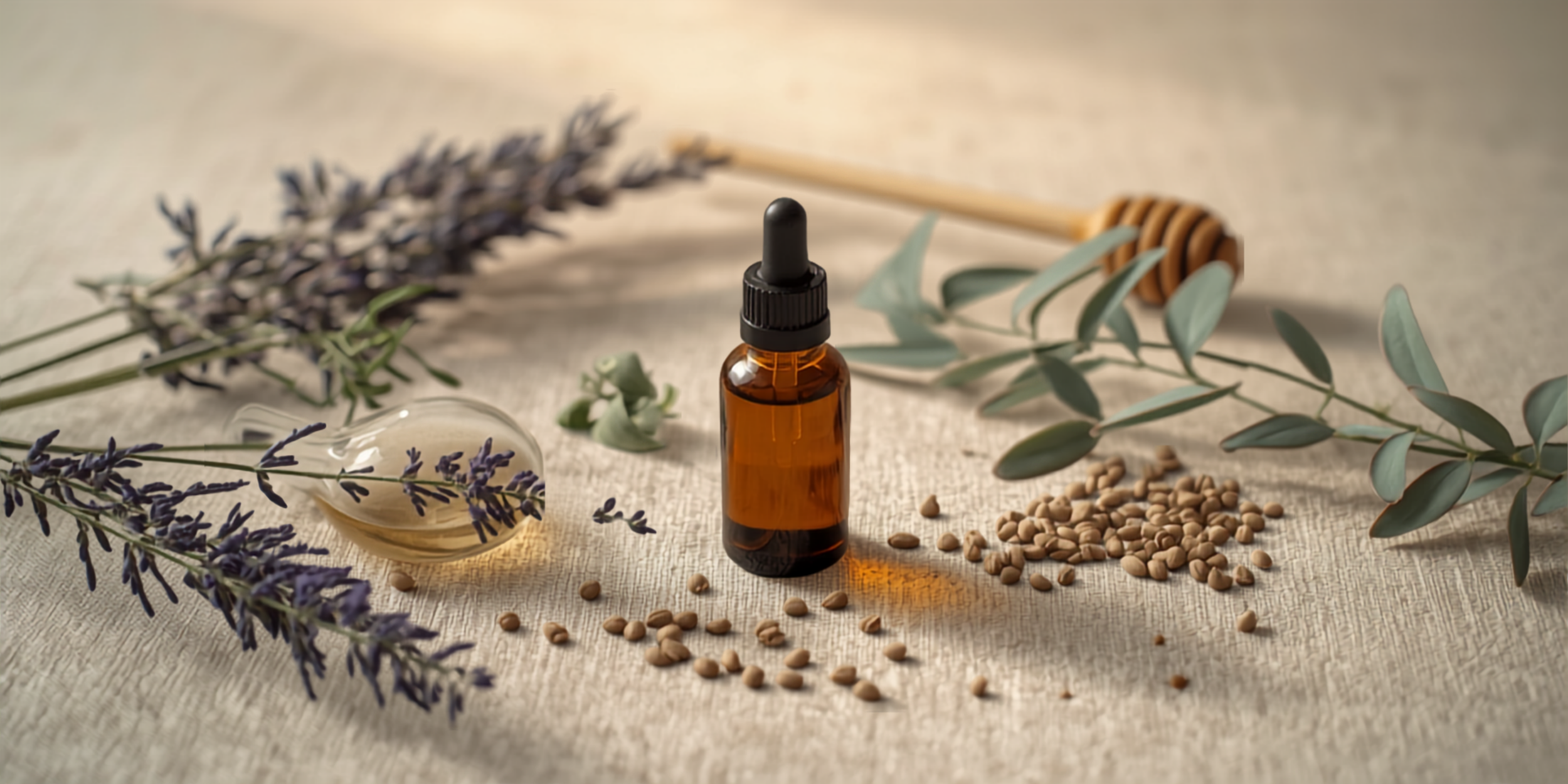 A small amber glass dropper bottle, sprigs of lavender and eucalyptus, a honey dipper, oats, and a small dish with lavender inside on a textured beige surface.