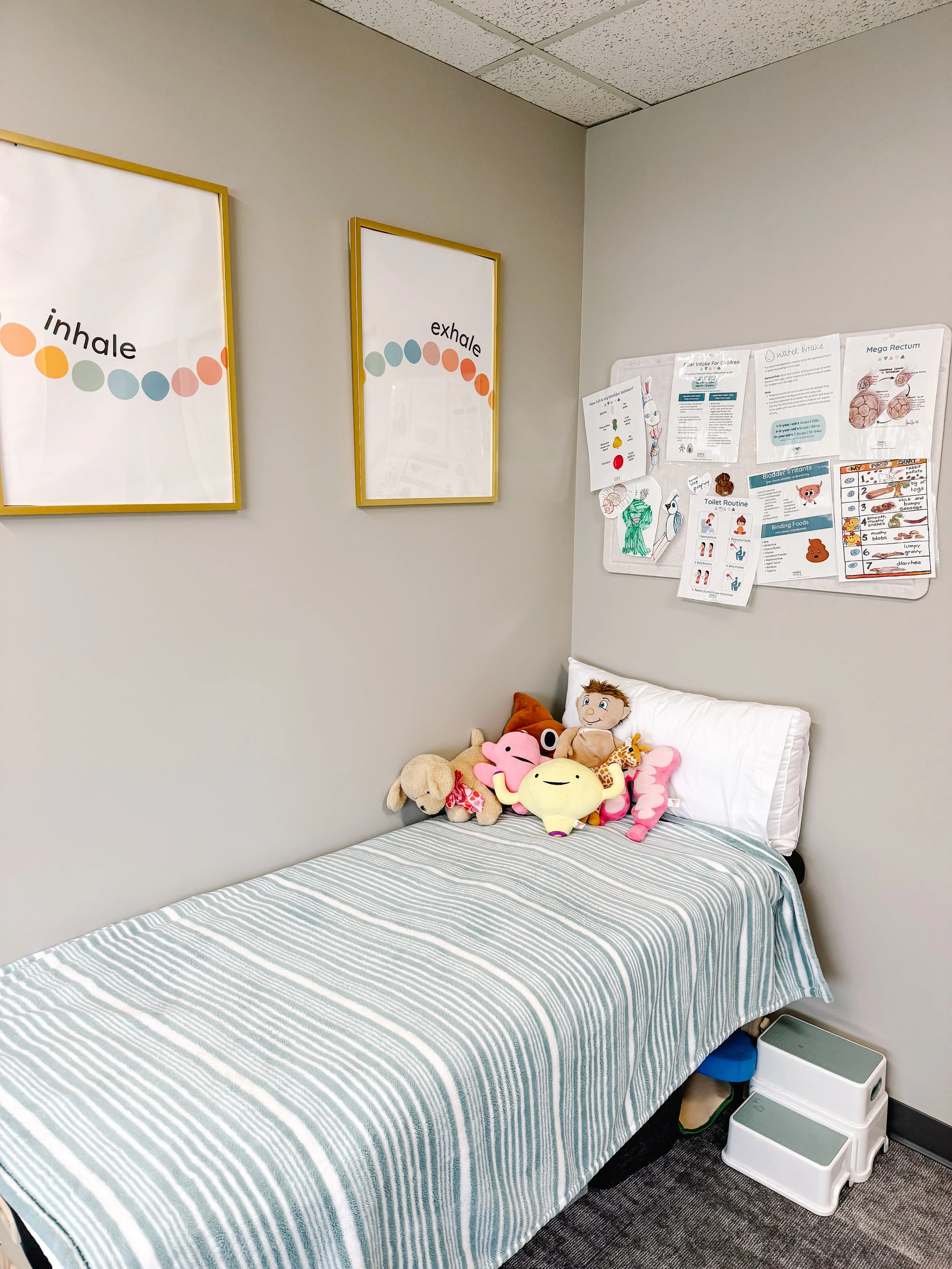 therapy treatment room, massage table bed with stuffed animals on it