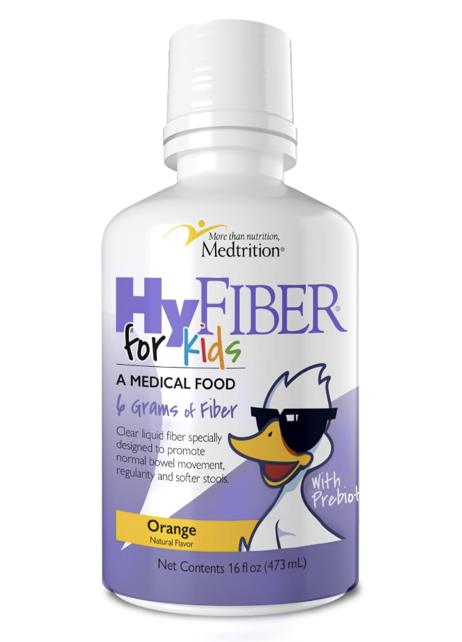White bottle of Medtrition HyFiber for Kids dietary supplement with orange flavor, featuring a cartoon duck wearing sunglasses, and text indicating it contains 6 grams of fiber and probiotics.