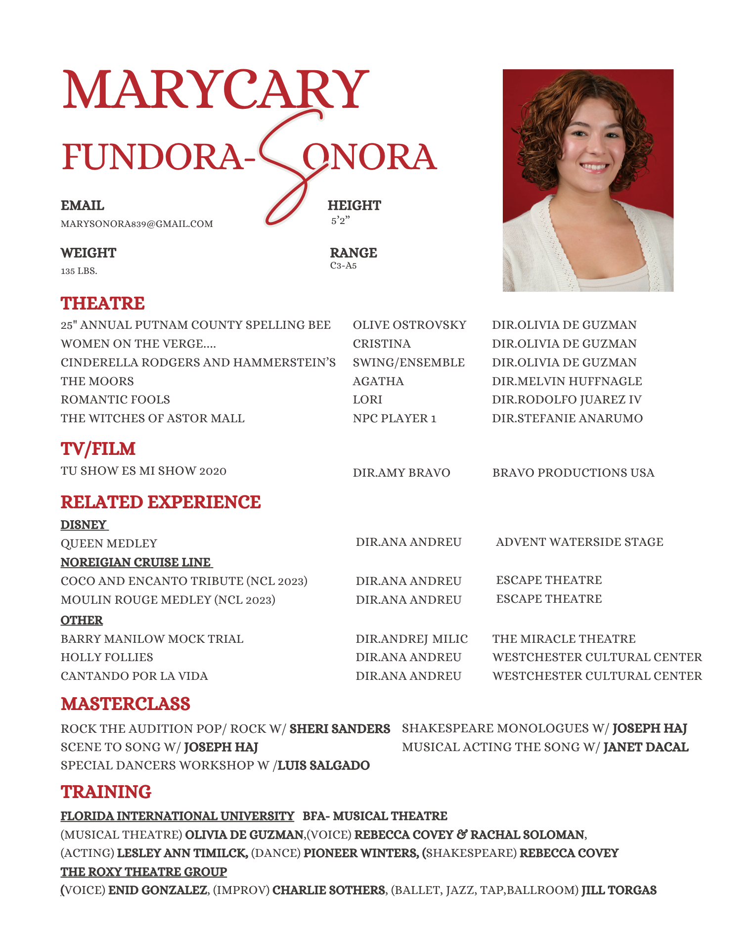 A resume for Marycary Fundora-Sonora featuring her photo, contact info, height, weight, range, theater, TV/film, related experience, masterclass, and training sections.