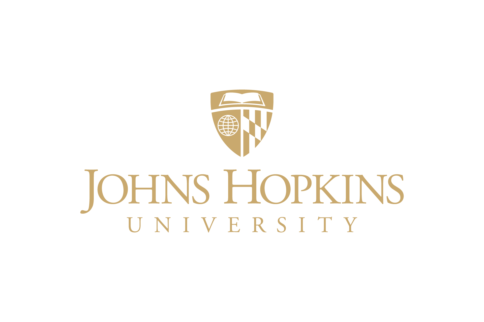 Johns Hopkins University emblem featuring a shield with a globe and open book, with the university name written below.