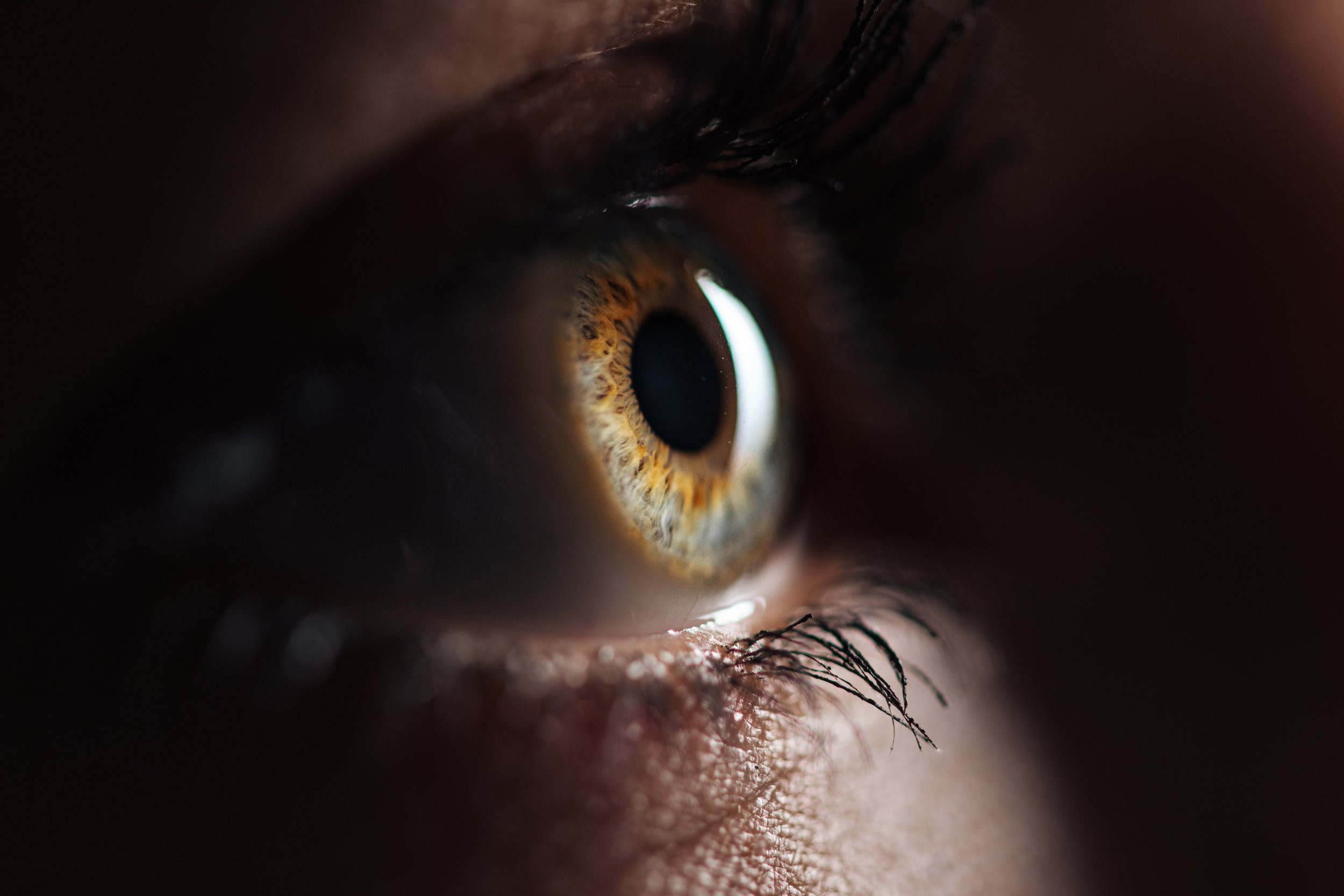 Close-up of a human eye showing the brown iris, eyelash, and surrounding skin.
