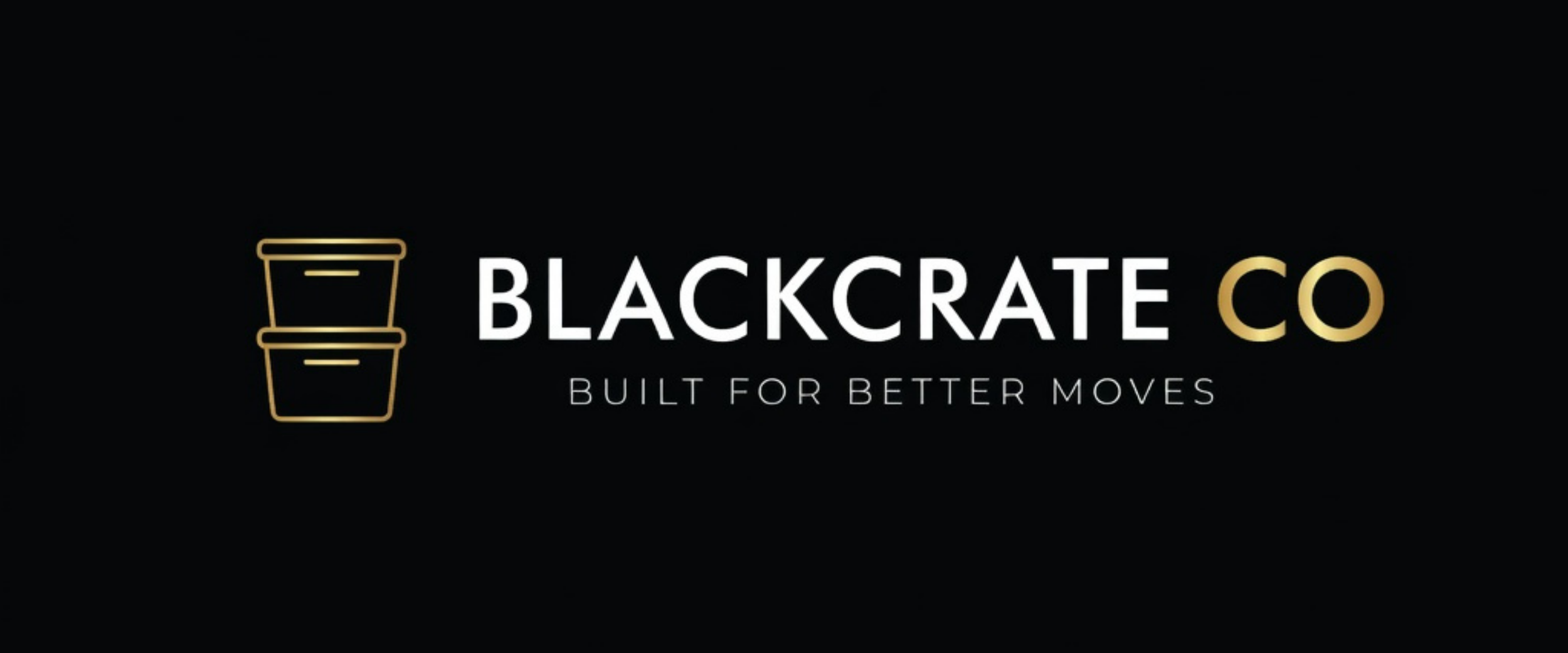 Black background with a gold outline of two stacked containers on the left, and the text "BLACKCRATE CO" in white and gold, with the tagline "BUILT FOR BETTER MOVES" below.