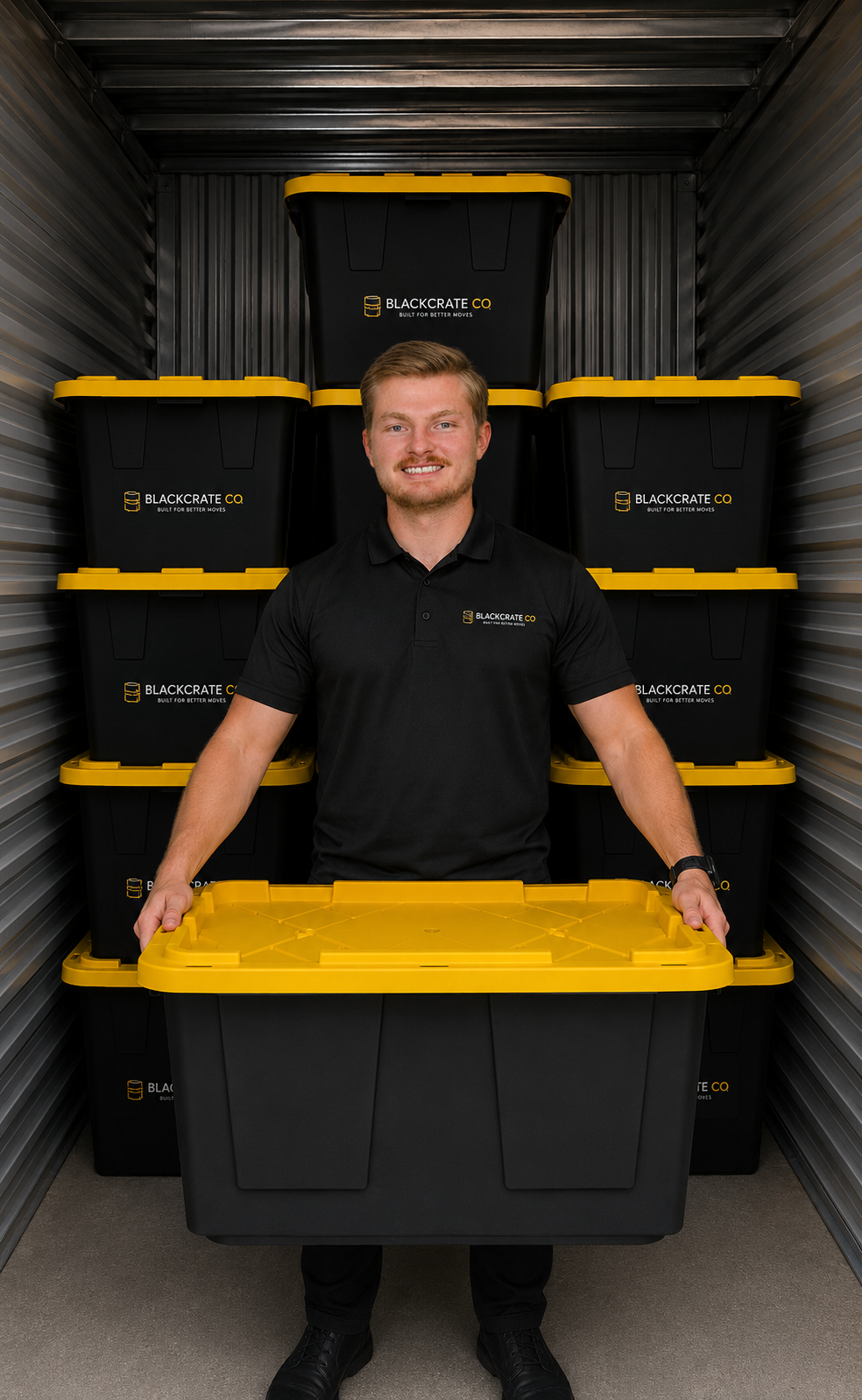 A man smiling in a storage unit filled with black and yellow storage containers labeled 'Blackcrante Co'. He is wearing a black polo shirt with the company's logo and holding one of the containers.
