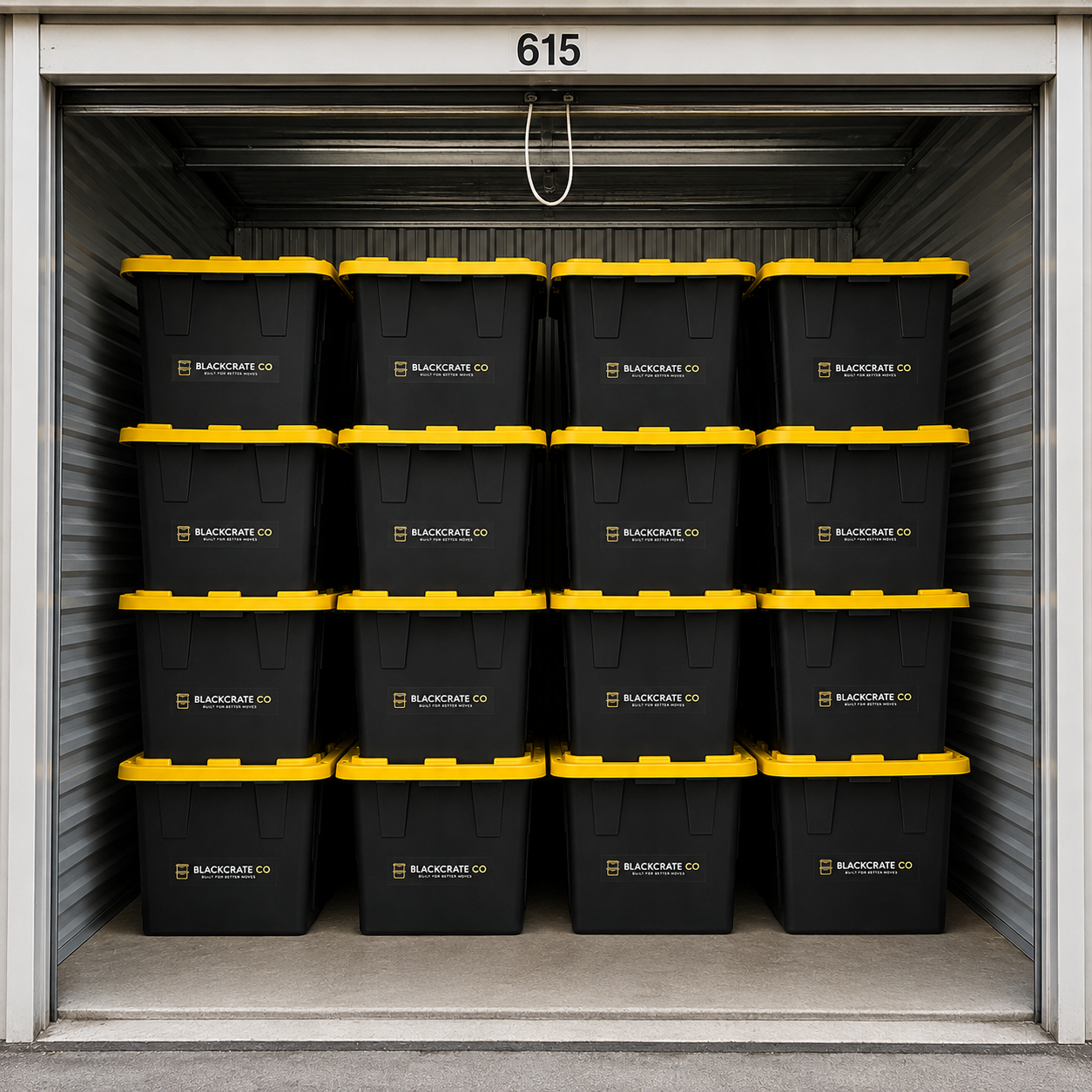 Storage unit with twenty black bins with yellow lids, labeled 'Blackcrate Co' in a metal enclosure, numbered 615 at the top.