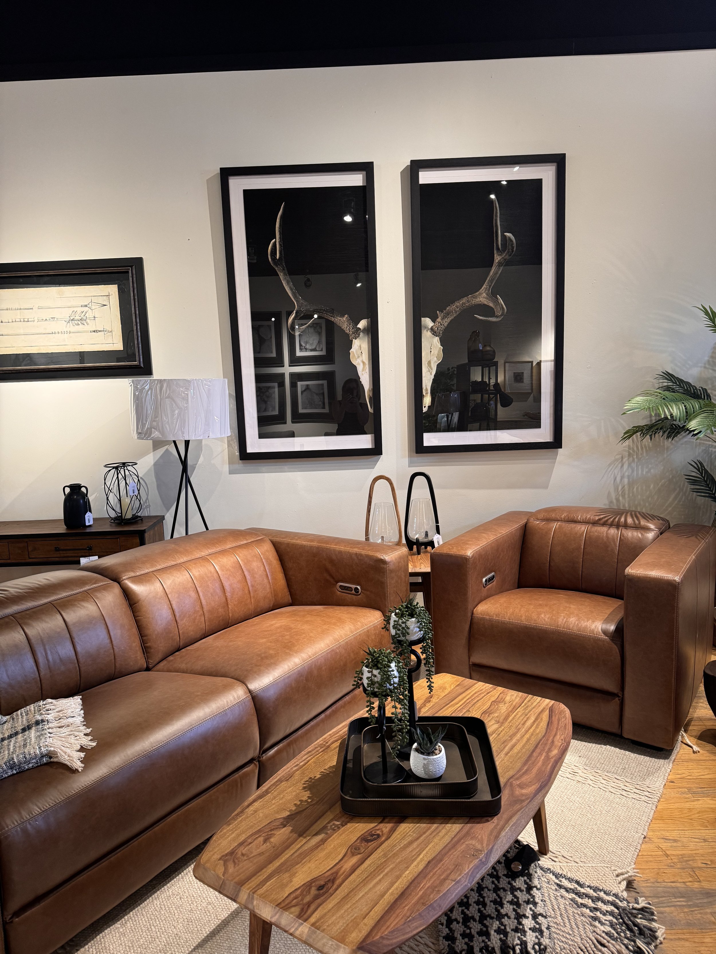 Living room with brown leather reclining sofa and armchair, wooden coffee table with plants, framed art and animal skulls with antlers on the wall, beige rug, and lamp.