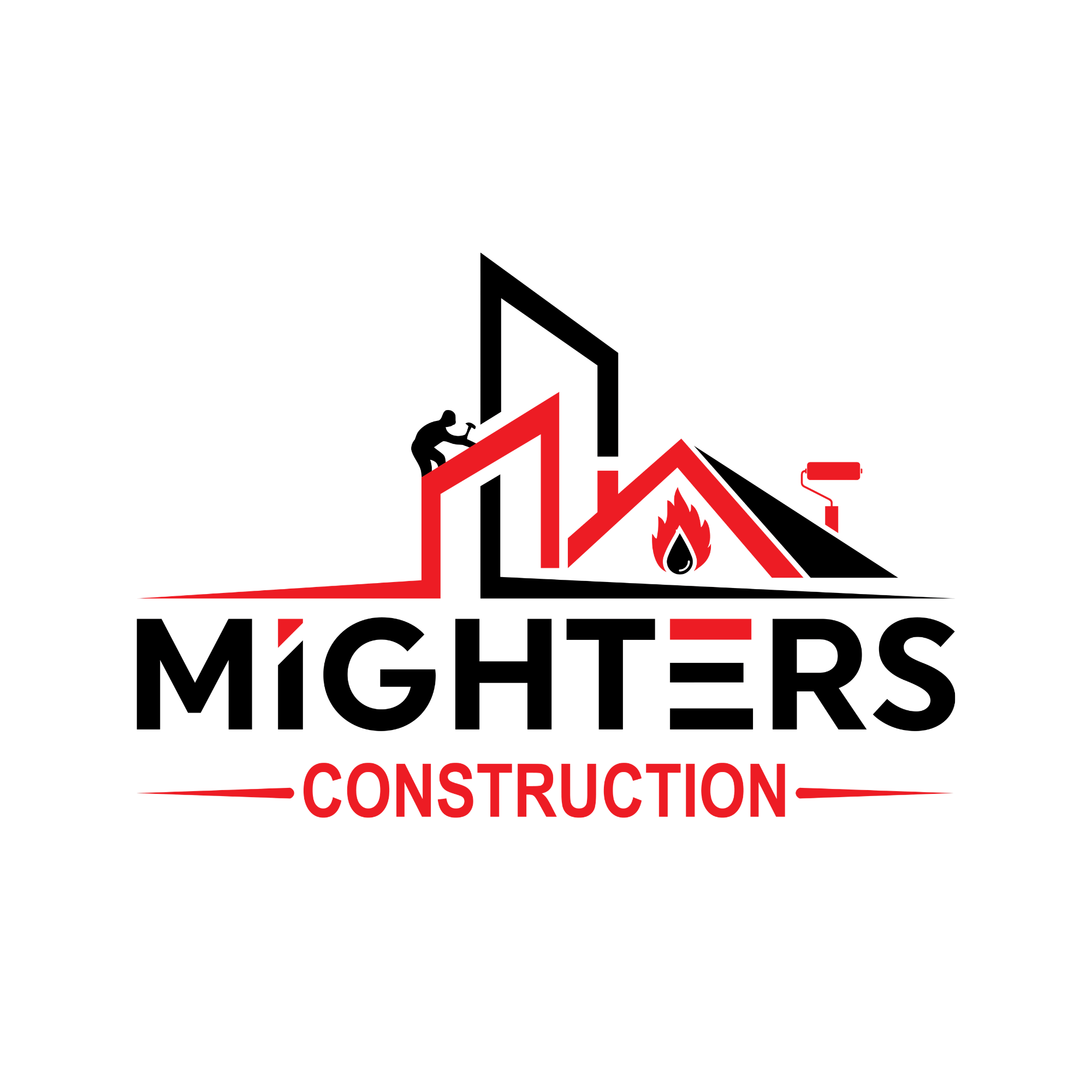 A safety warning sign with a black background and red outline, indicating construction work in progress, with the words 'Caution,' 'Construction,' and a picture of a fire.