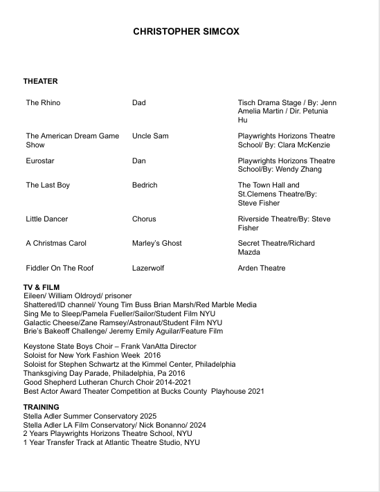 Resume of actor Christopher Simcox