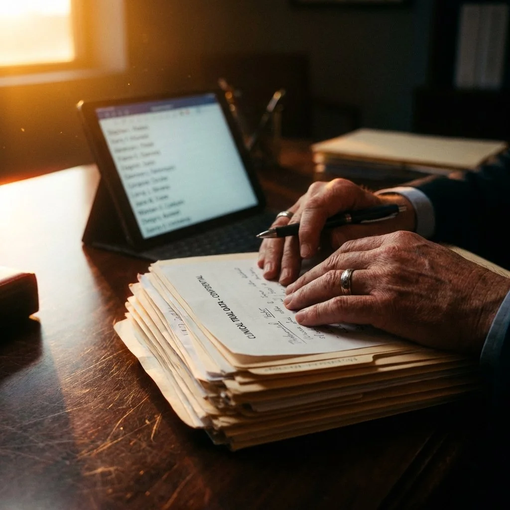 Hands of a person in a suit with rings, writing on legal documents with a pen, with a tablet and stacked papers on a wooden desk, sunlight coming through a window.