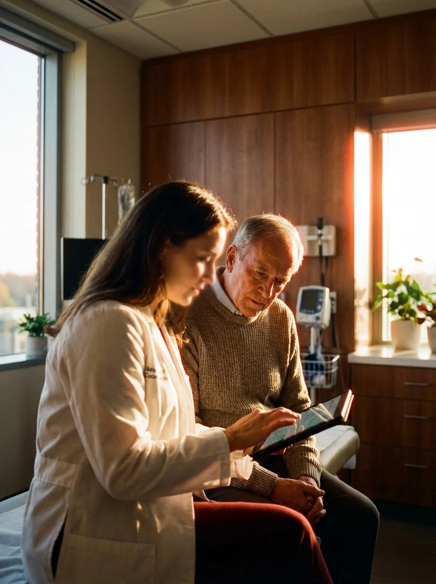 Patient discussing clinical trial details with healthcare provider