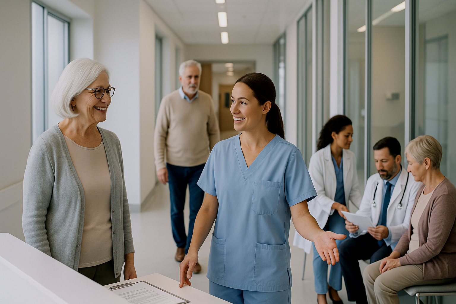 Nurse speaking with an elderly patient at a hospital reception desk during clinical trial intake, with healthcare staff and patients in a modern medical facility.