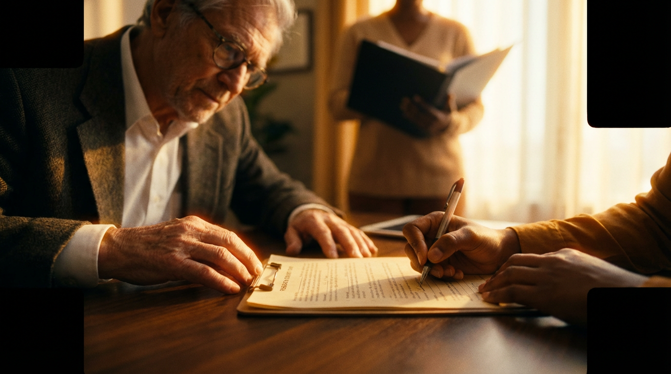 Patient reviewing and signing clinical trial consent document