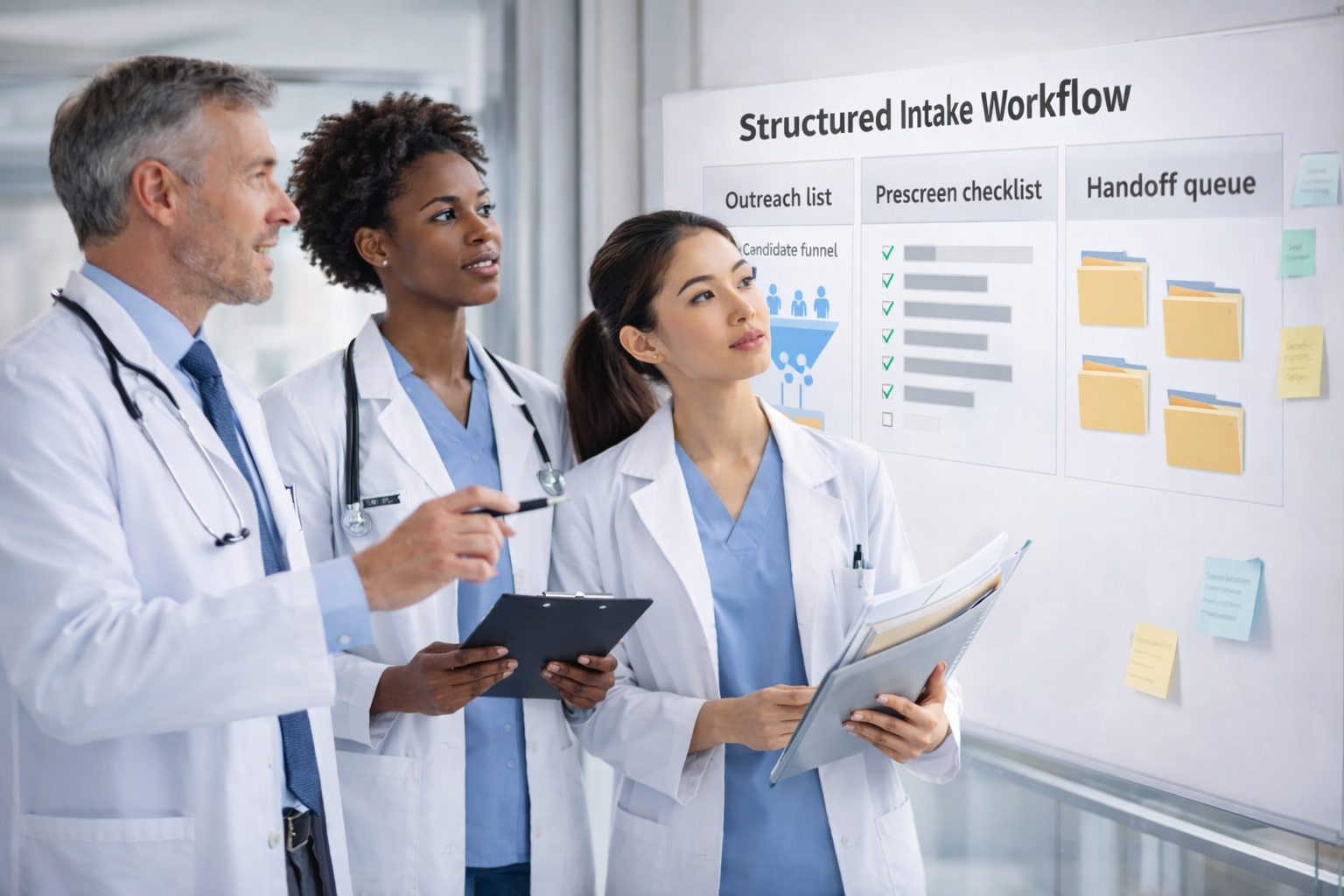 Clinical research team reviewing patient intake and prescreening information