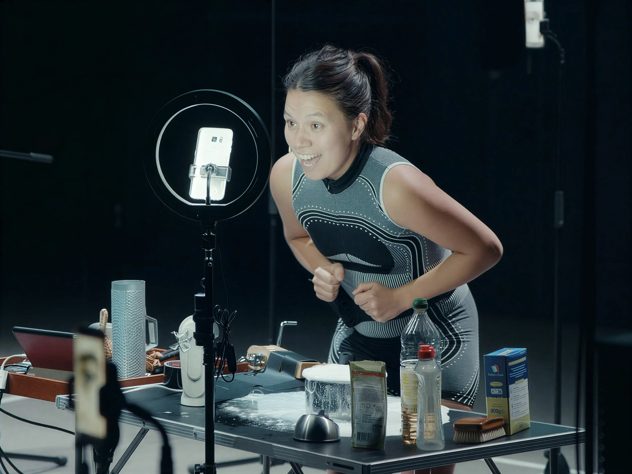 Woman in workout clothes making a humorous face during filming, with a table of baking ingredients and a smartphone on a ring light