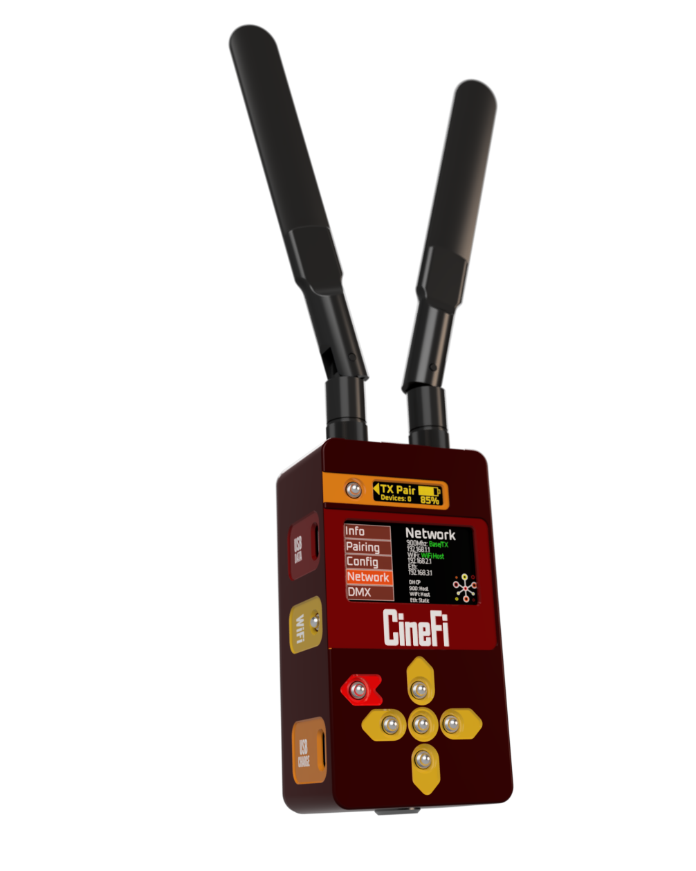 A wireless device with antennas, screen, and buttons labeled CineFi, displaying network information.