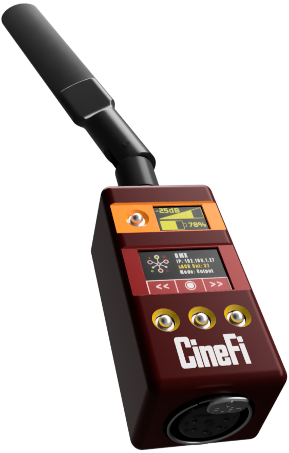 An ethernet receiver with a small orange and yellow display screen, mounted on a red base with three circular connectors labeled CineFi, and a black antenna extending from the top.