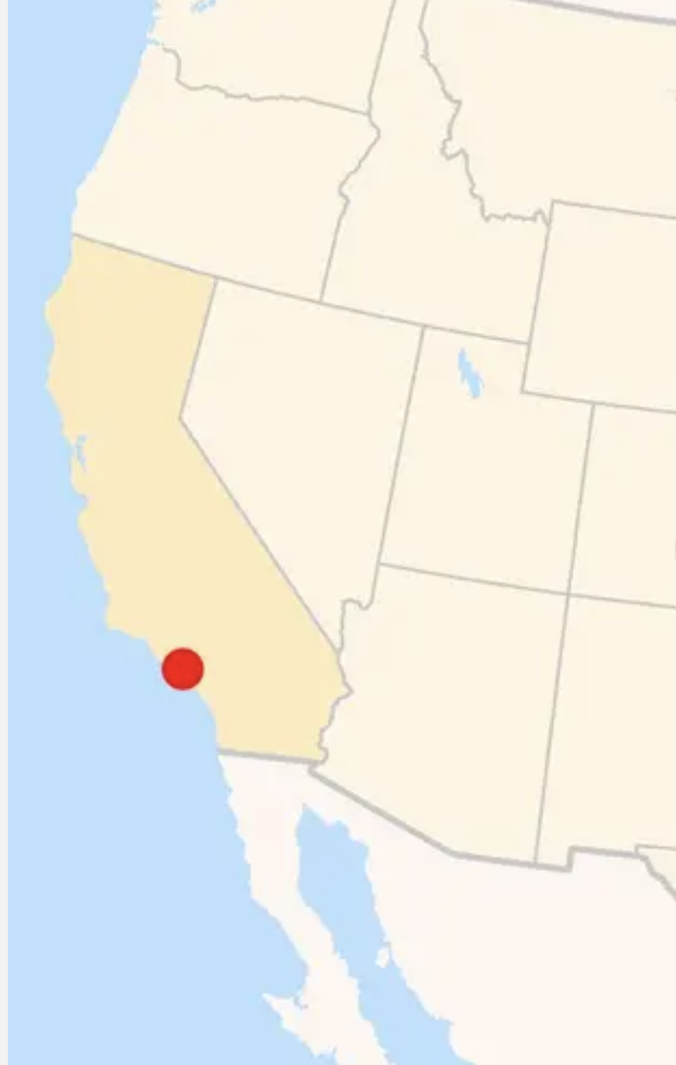Map highlighting California with a red dot on Los Angeles
