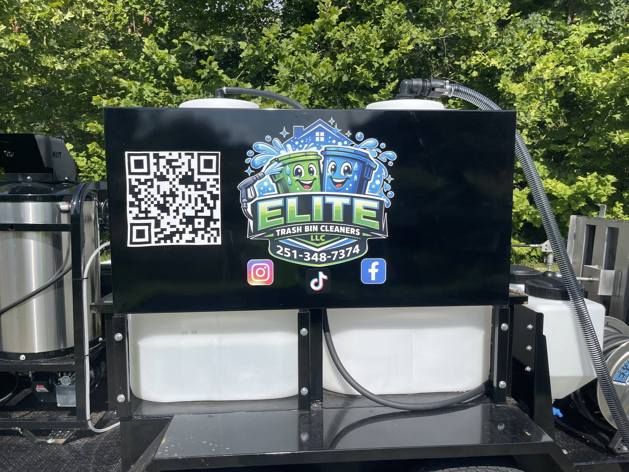 Image of trash bin equipment with Elite trash bin cleaners logo