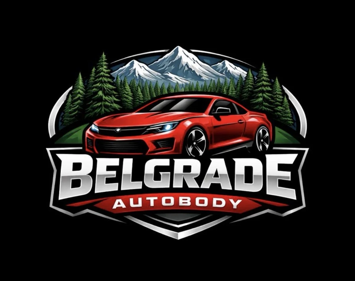 Image of a company logo with the company name "Belgrade Autobody".  A red care and mountains in the back ground.