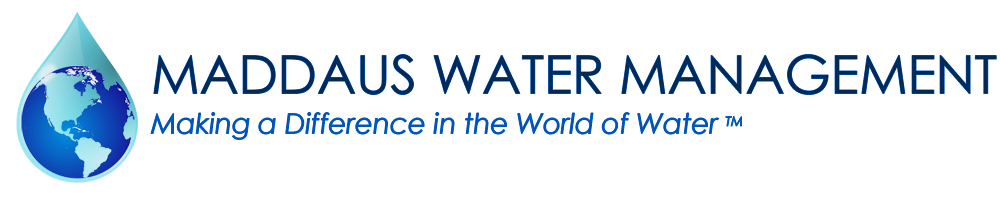 Maddaus Water Management logo featuring a water droplet with a globe inside and blue text